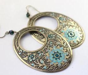 Vintage Golden Glaze Print Rhinestone Earrings
